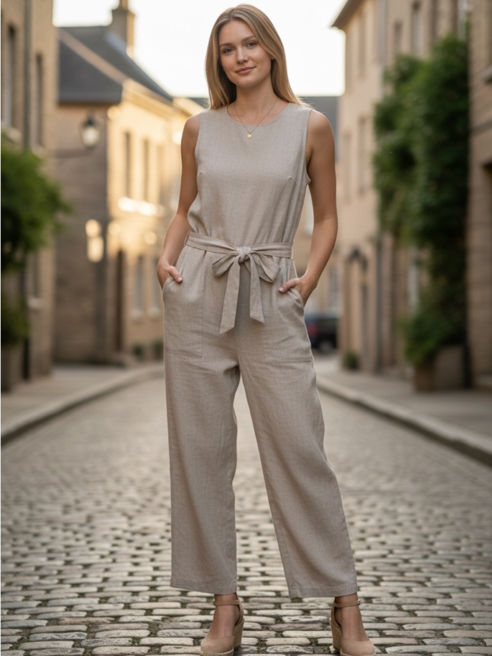 Reformation Sleeveless Tie-Belt Jumpsuit in Beige